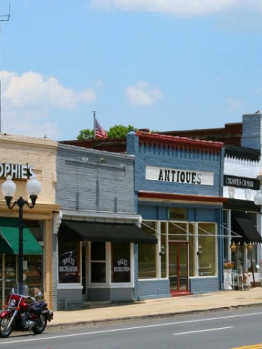 Exterior picture of the historic commercial block in downtown Pineville, NC